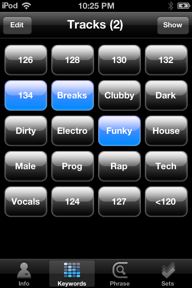 The original ToBeSorted: a grid of BPM and keyword filter buttons